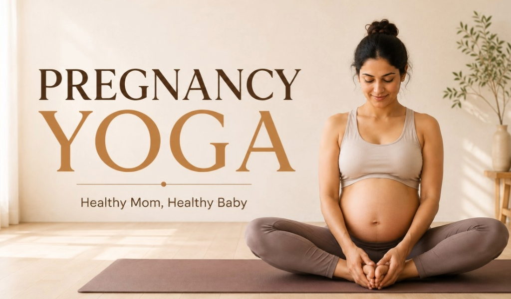 Pregnant woman practicing butterfly pose on a yoga mat